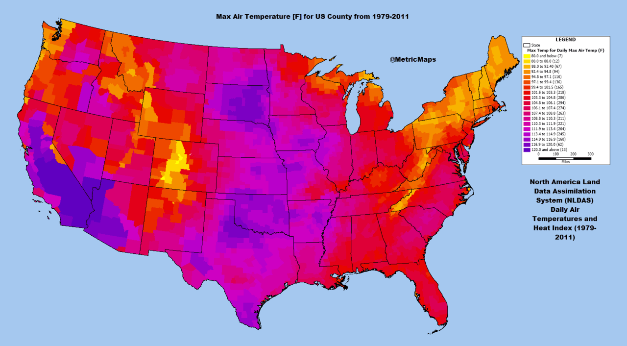 Map Key How To Read A Map Legend Science Trends   1280px Max Air Temperature F For US County From 1979 2011 